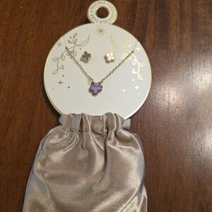 NWT Lavender Four Leaf Clover Necklace, Gold Toned Earrings & Bag Set